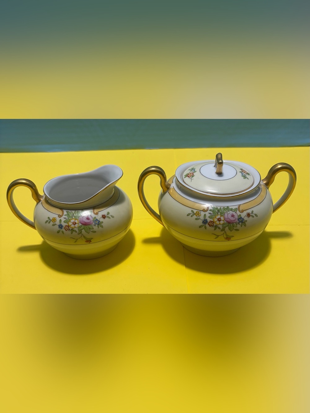 Meito China Hand Painted Floral Gold Trim Creamer & Lidded Sugar Bowl Set